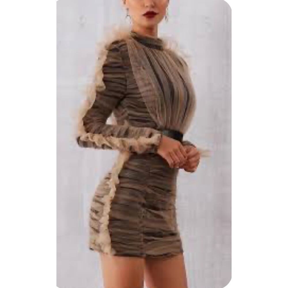 FASHION NOVA RUCHED TULLE DRESS RUFFLES BLACK GOLD SZ S CHIFFON GLAM BADDY‎ CORE